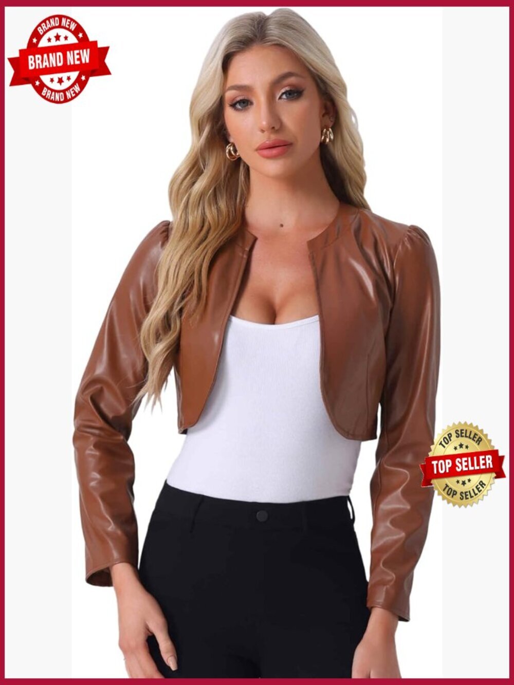 Faux Leather Crop Jacket Open Front Long Sleeve PU Moto Jacket